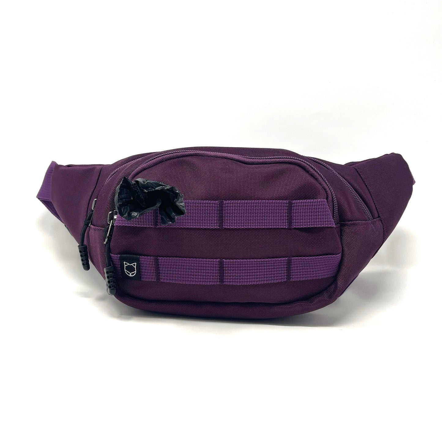 Fanny Pack for dog walking and training. There are multiple compartments and straps in the front where you can clip stuff onto. There is a poop bag dispenser in the front for easy access. The strap is adjustable.