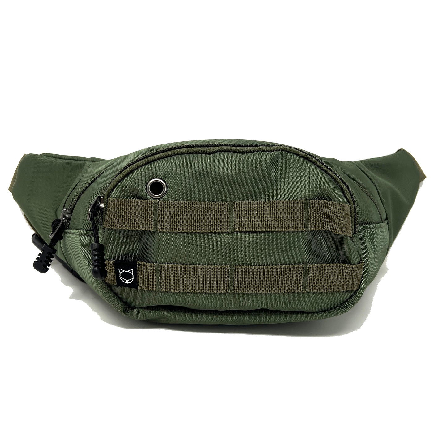 Fanny Pack for dog walking and training. There are multiple compartments and straps in the front where you can clip stuff onto. There is a poop bag dispenser in the front for easy access. The strap is adjustable.