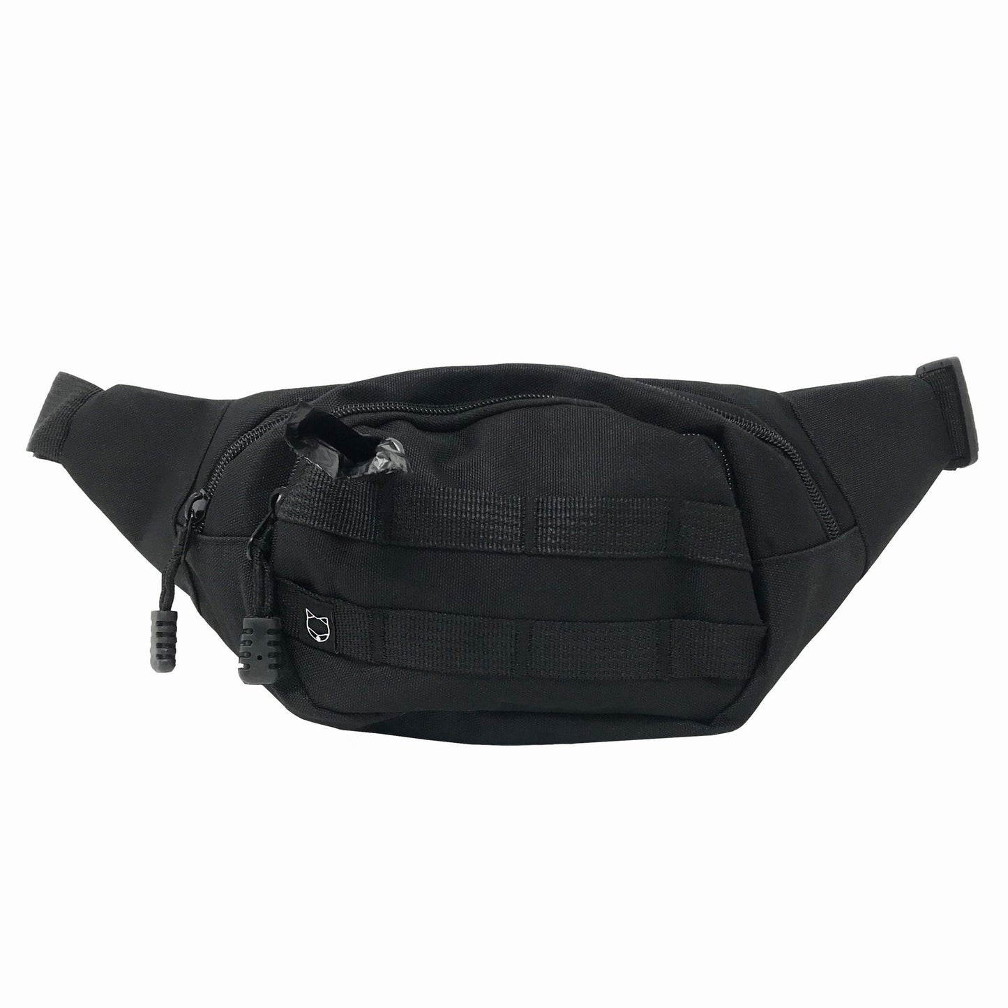 Fanny Pack for dog walking and training. There are multiple compartments and straps in the front where you can clip stuff onto. There is a poop bag dispenser in the front for easy access. The strap is adjustable.