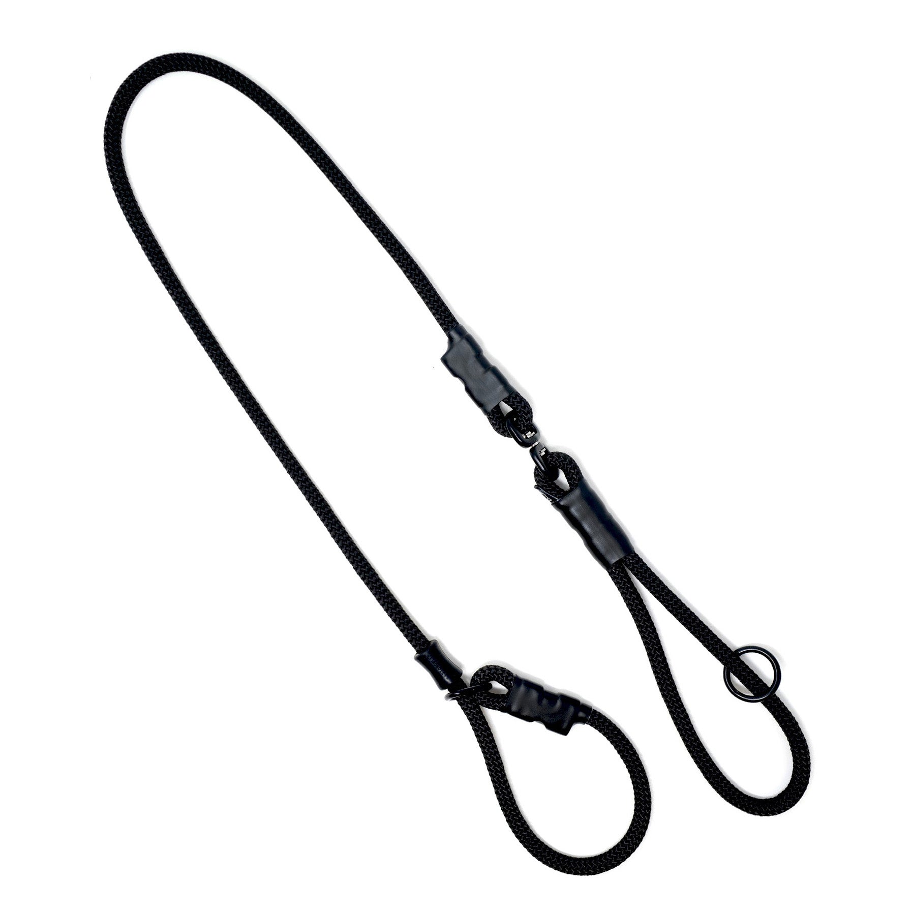 Slip leash made from climbing rope. There is an o-ring on the handle and a swivel for the leash to be tangle free. There is a silicone stopper for strength and durability. 