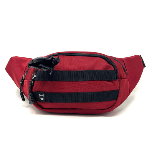 Fanny Pack for dog walking and training. There are multiple compartments and straps in the front where you can clip stuff onto. There is a poop bag dispenser in the front for easy access. The strap is adjustable.