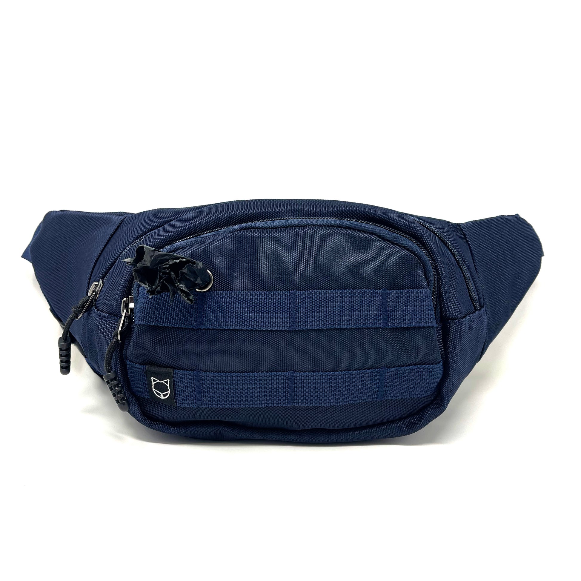 Fanny Pack for dog walking and training. There are multiple compartments and straps in the front where you can clip stuff onto. There is a poop bag dispenser in the front for easy access. The strap is adjustable.
