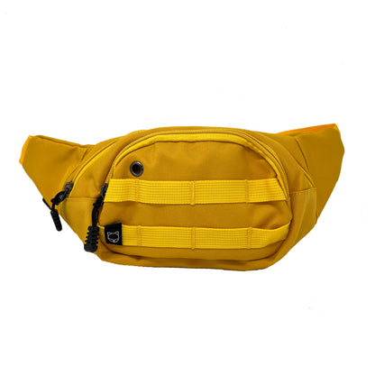 Fanny Pack for dog walking and training. There are multiple compartments and straps in the front where you can clip stuff onto. There is a poop bag dispenser in the front for easy access. The strap is adjustable.